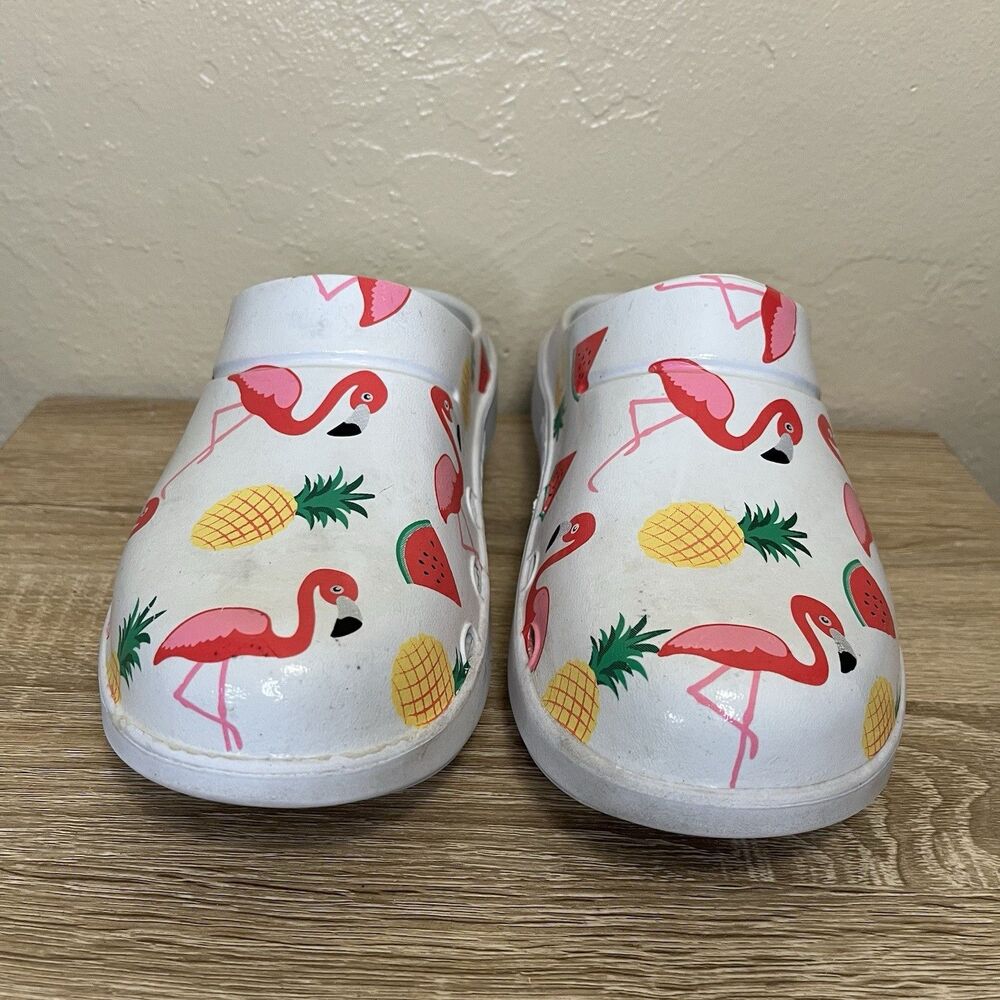 Oofos OOcloog White Pink Flamingo Fruit Recovery Shoe Clog Women’s Size 7 - Picture 2 of 6